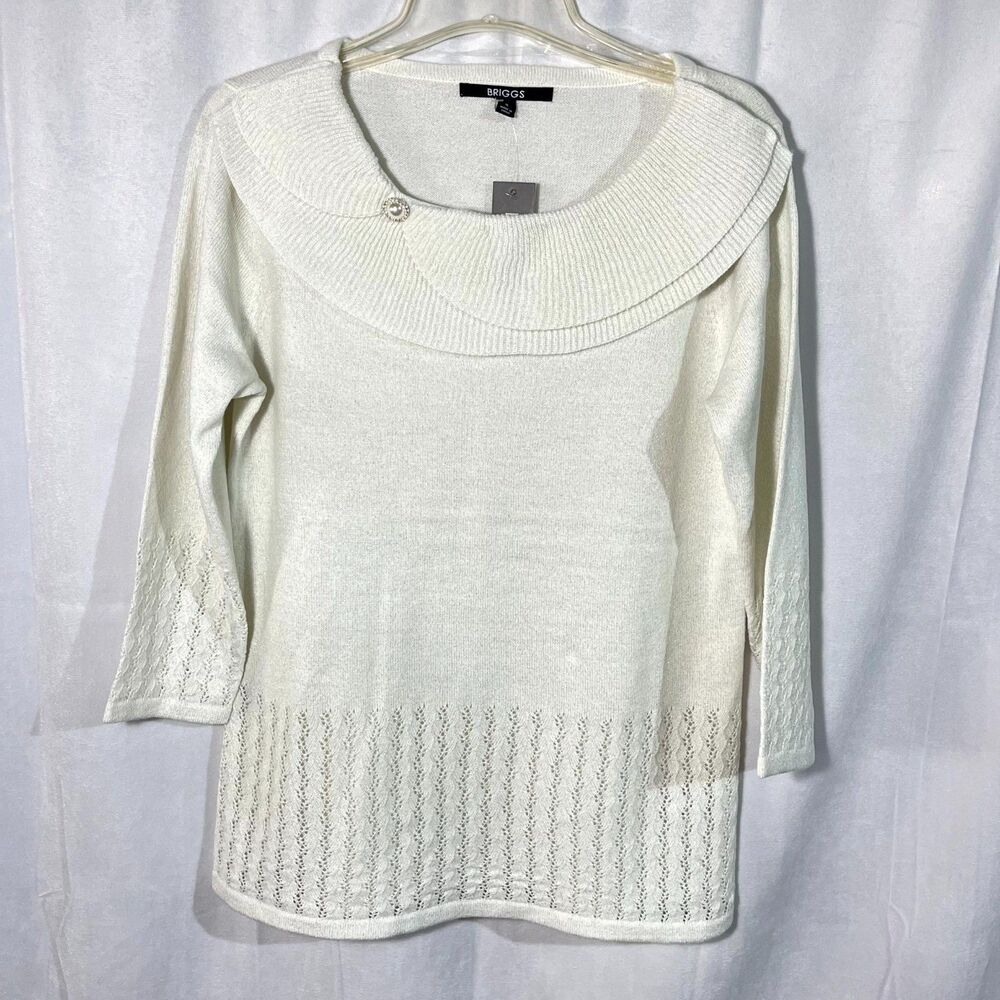 BRIGGS Cream‎ Sparkle Embellished Cowl Neck 3/4 Sleeve Sweater Top Size S